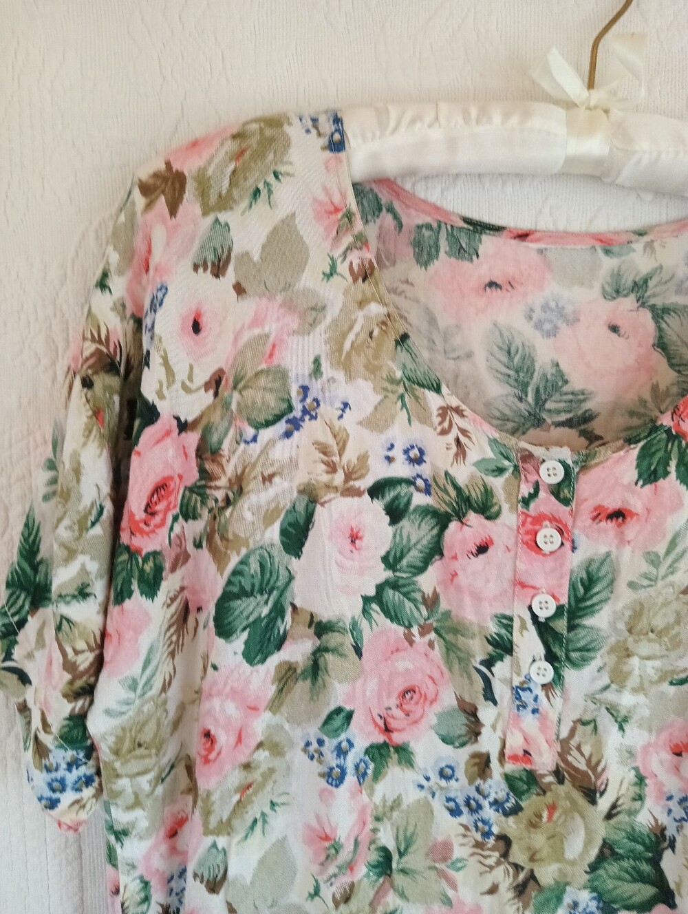 Vintage Garden Dress Floral Button-Front Midi Front Pocket Pink Green Soft Flowy - Picture 4 of 11